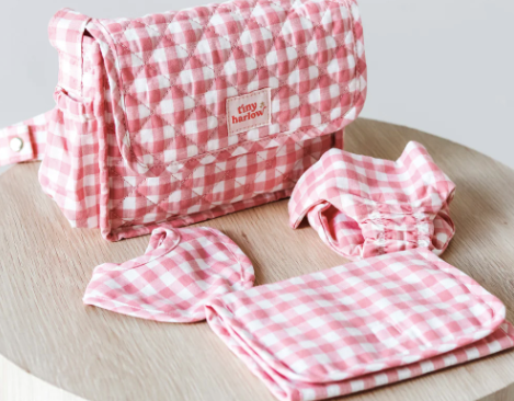 
            
                Load image into Gallery viewer, Convertible Dolls Nappy Bag Set - Pink Ginham || TINY HARLOW
            
        