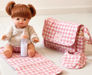 
            
                Load image into Gallery viewer, Convertible Dolls Nappy Bag Set - Pink Ginham || TINY HARLOW
            
        