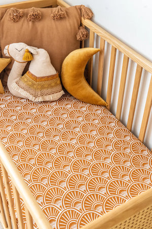 
            
                Load image into Gallery viewer, Organic Jersey Cot Fitted Sheet - Banksie Caramel || Kiin Baby
            
        
