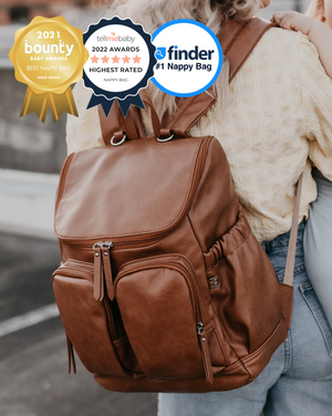 
            
                Load image into Gallery viewer, Faux Leather Nappy Backpack - Tan || OiOi
            
        