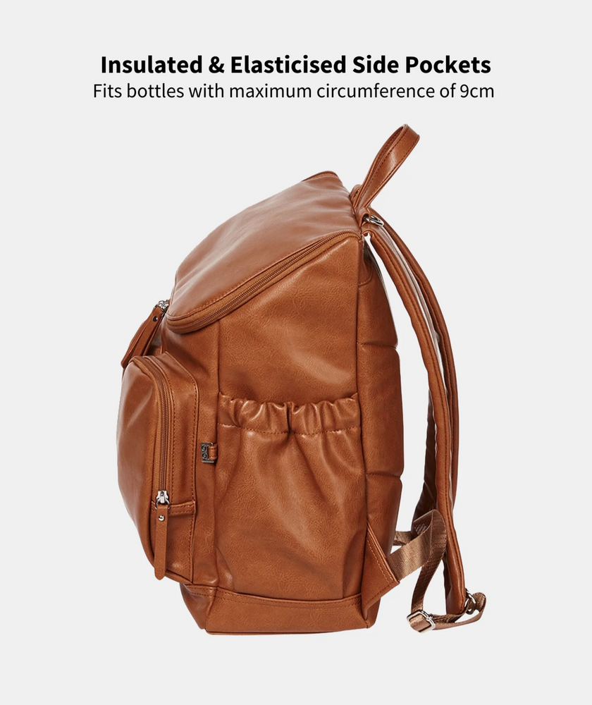 
            
                Load image into Gallery viewer, Faux Leather Nappy Backpack - Tan || OiOi
            
        