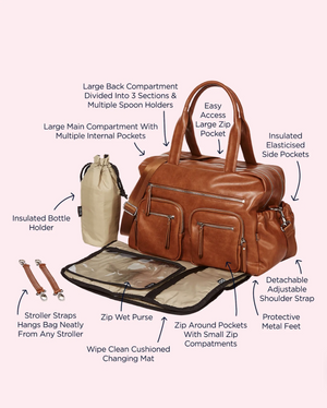 Faux Leather Carry All Nappy Bag - Tan || OiOi