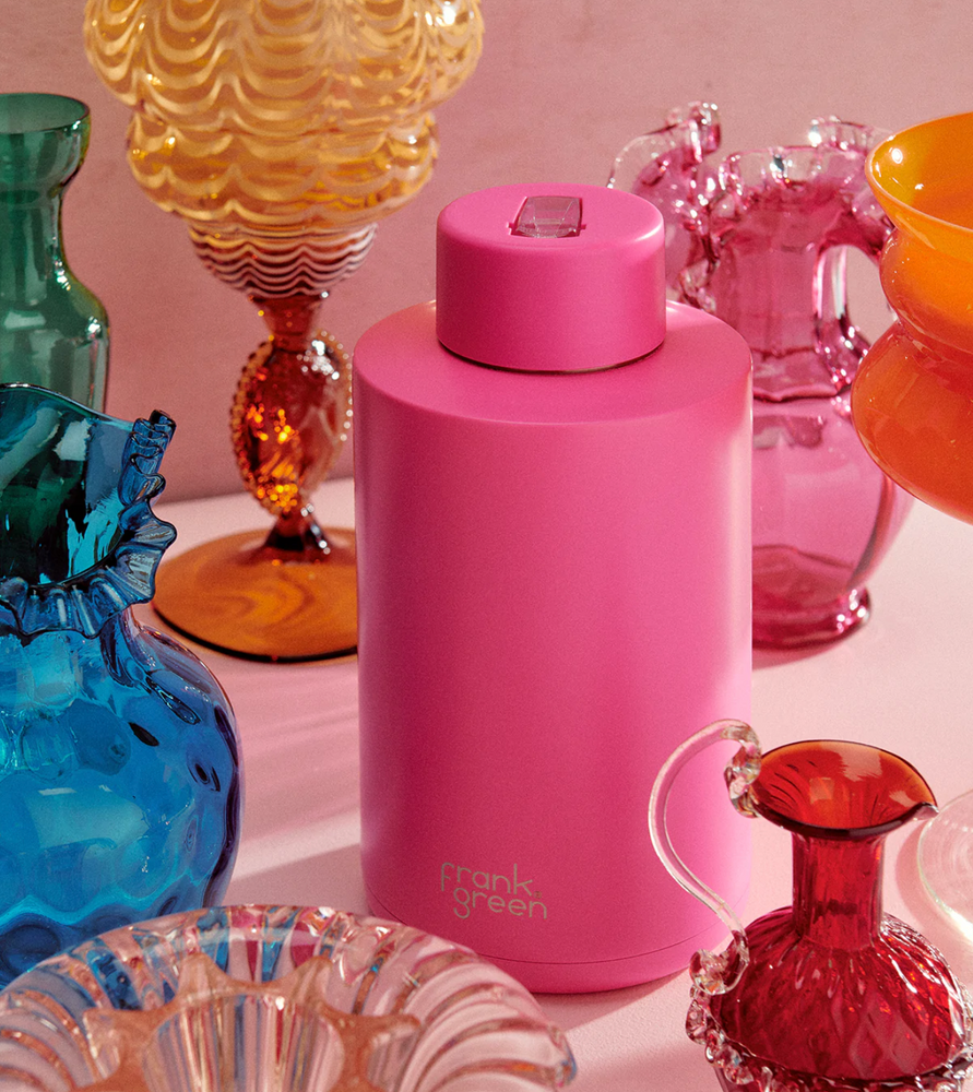 Ceramic reusable bottle with straw lid - 68oz / 2,000ml  -  Neon Pink || Frank Green